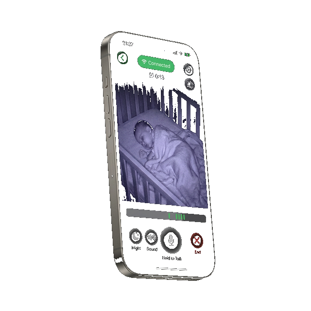 Slumberly app showing baby monitor live view on iPhone